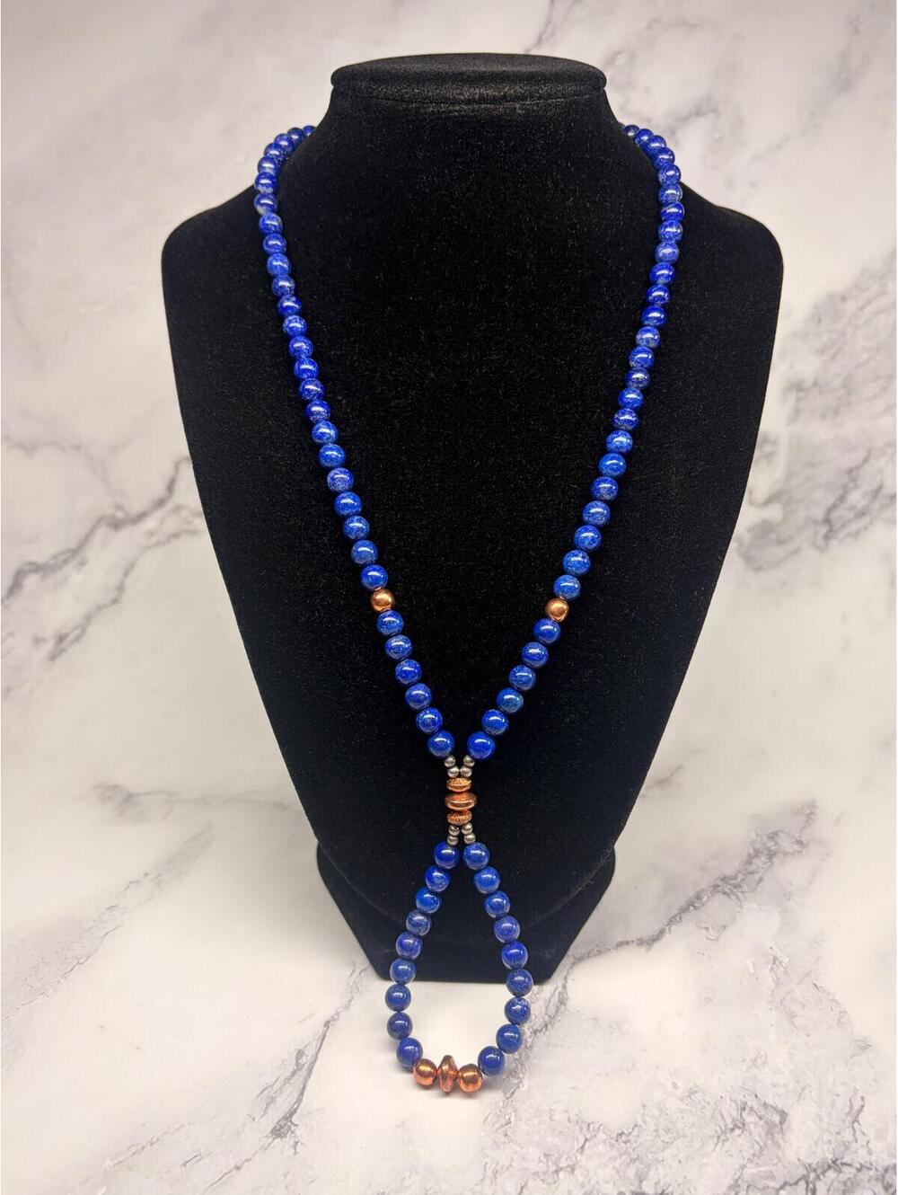 Lapis Lazuli Beaded Necklace w/ Navajo Pearls Sterling Silver Copper Accent
